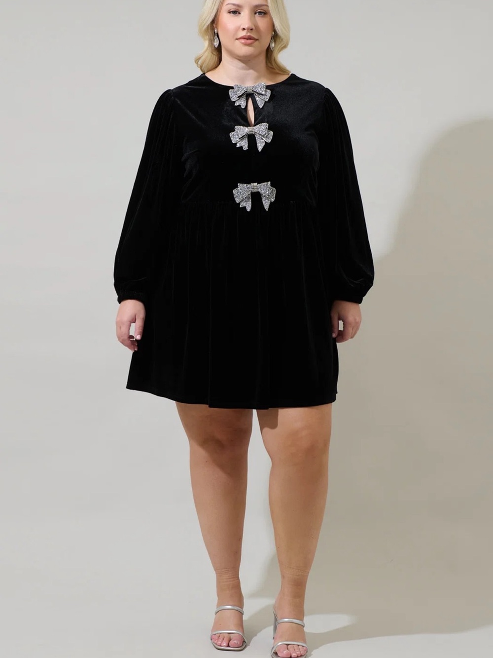 SugarLips Black Velvet Mini Dress with Silver Bow Accents